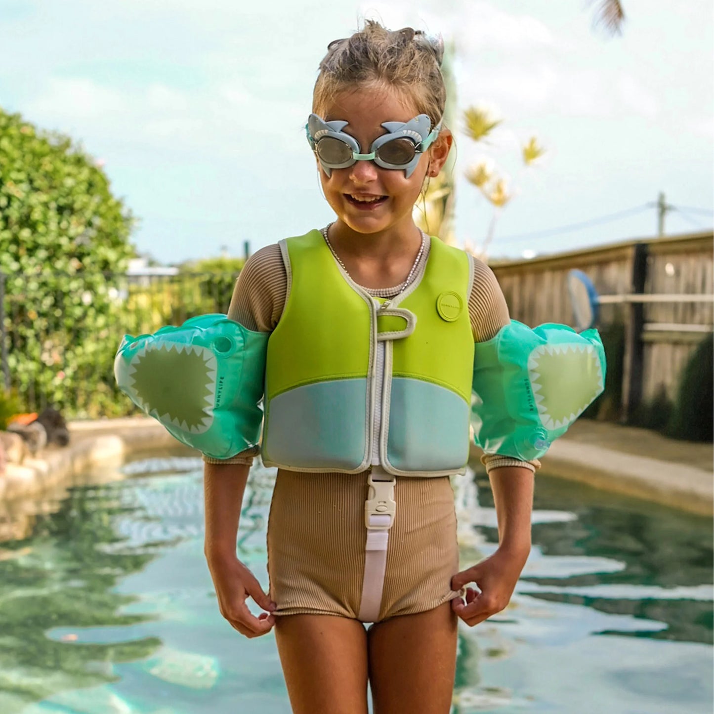 SALTY THE SHARK SWIM VEST AQUA NEON YELLOW